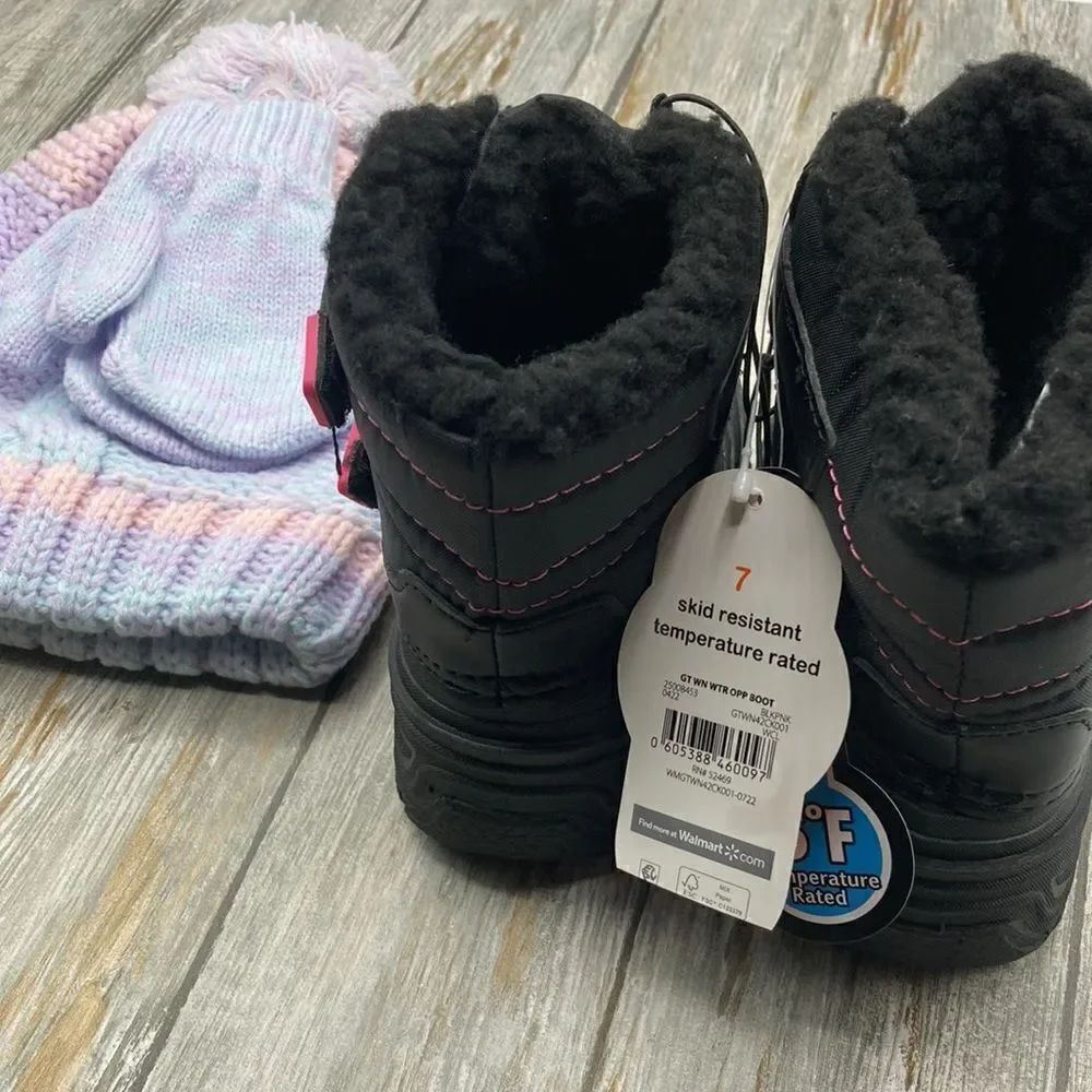 Baby Girl Warm Winter Boots & Hat With Pompom & Gloves Set Size 7